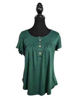 NWOT | Forest Green Henley Button Front Pleated Flutter Sleeve Top | Medium